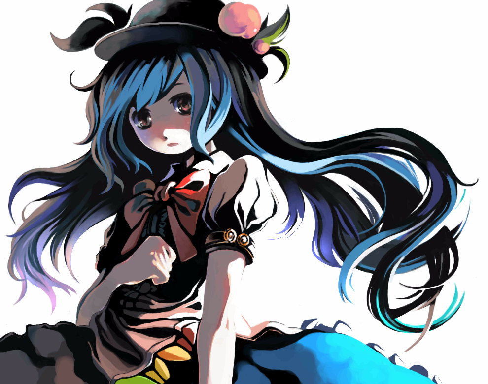 umigarasu, umigarasu (coolier), hinanawi tenshi, touhou, 1girl, blue hair, female focus, food, fruit, hat, leaf, peach, red eyes, solo