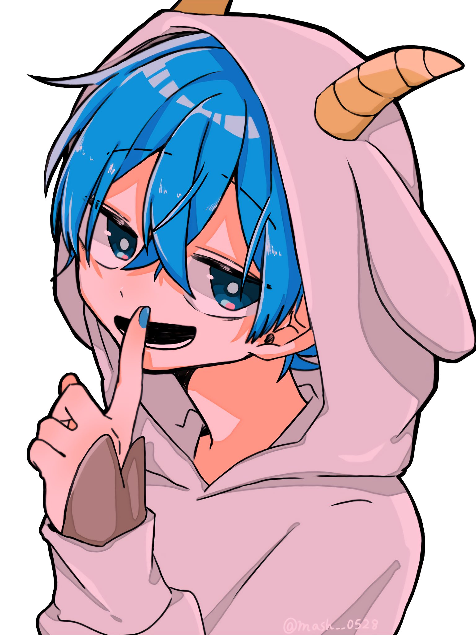colon (stpri), strawberry prince, highres, 1boy, animal ear hood, animal ears, blue eyes, blue hair, blue nails, fake animal ears, fake horns, finger to mouth, hair between eyes, hood, horns, index finger raised, looking at viewer, lower teeth only, male focus, mashu 0528, open mouth, short hair, shushing, simple background, smile, solo, teeth, upper body, white background, white hood