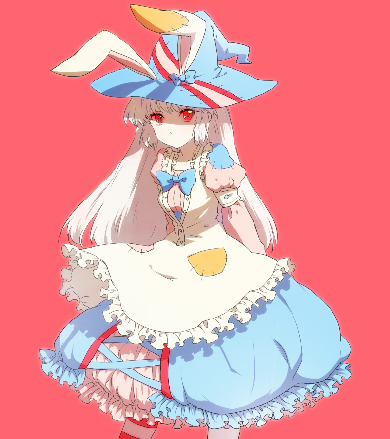 egawa satsuki, irisu kyouko, irisu shoukougun!, 1girl, animal ears, apron, female focus, frills, hat, kyoko irisu, long hair, rabbit ears, red eyes, solo, white hair, witch hat