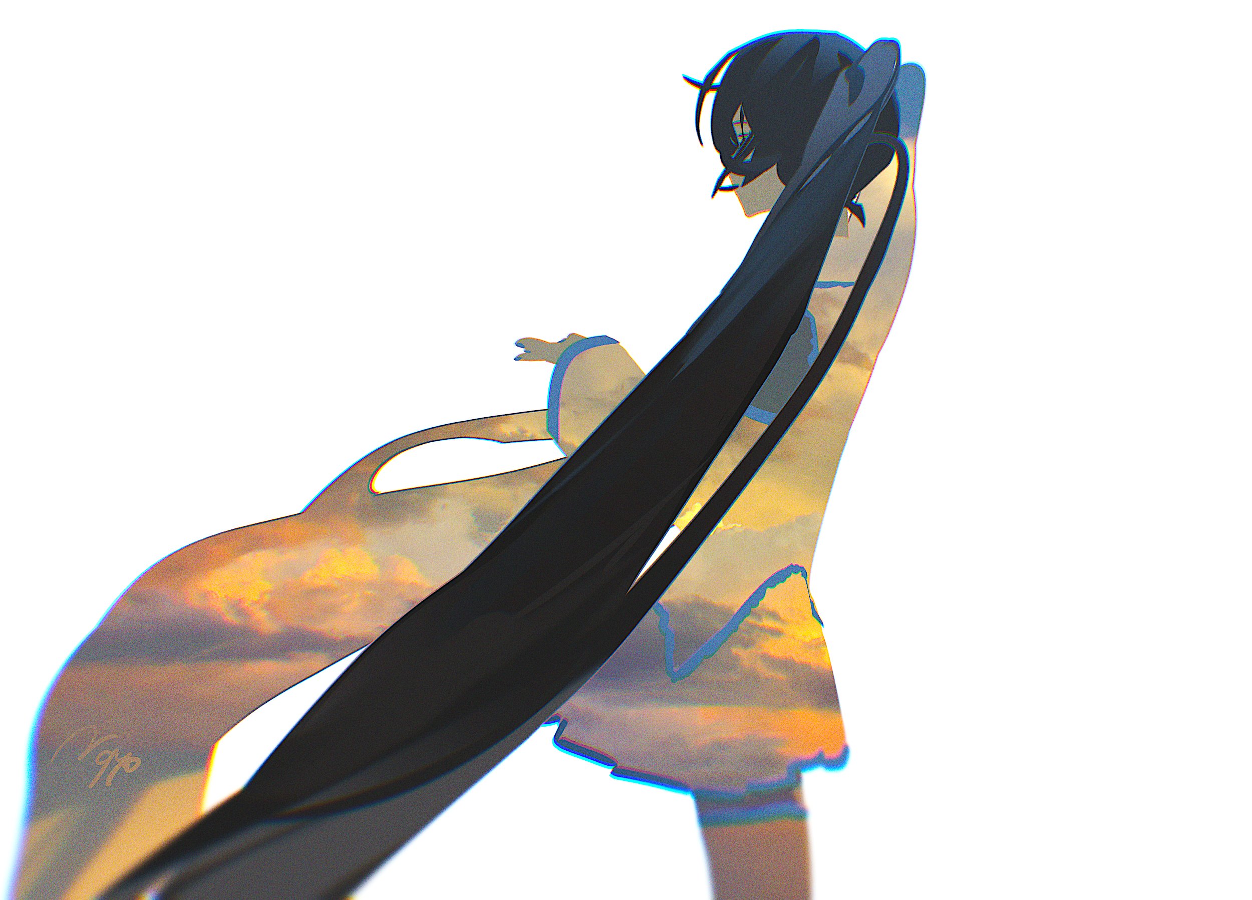 agyou sonokou l, hatsune miku, vocaloid, commentary, highres, 1girl, absurdly long hair, artist name, black hair, blue hair, blue nails, blue trim, cloud, cloudy sky, dated commentary, double exposure, feet out of frame, fingernails, floating hair, from side, gradient hair, hand up, long hair, miniskirt, multicolored hair, nail polish, pleated skirt, profile, simple background, skirt, sky, solo, standing, twintails, very long hair, white background, wide sleeves