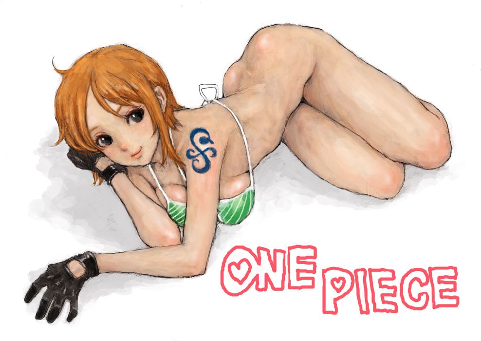 ponsuke (pon00000), nami (one piece), one piece, bad id, bad pixiv id, 1girl, bikini, bottomless, copyright name, female focus, gloves, legs together, lingerie, lying, no panties, on side, orange hair, short hair, smile, solo, swimsuit, tattoo, underwear