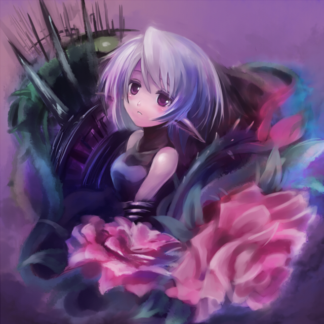 edobox, artemisia (pixiv fantasia), pixiv fantasia, pixiv fantasia 2, 1girl, elf, female focus, flower, pointy ears, purple eyes, rose, solo, white hair