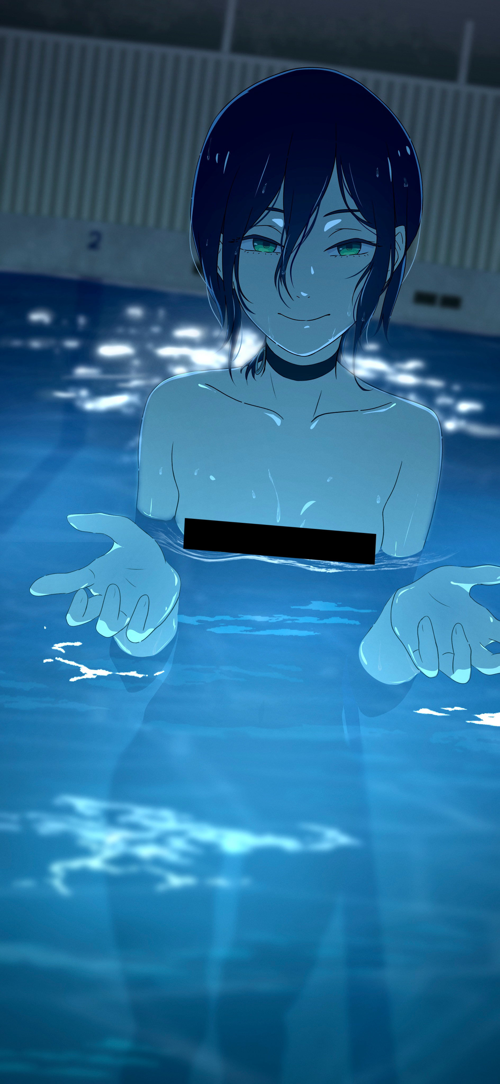 na-suke, reze (chainsaw man), chainsaw man, absurdres, highres, 1girl, bar censor, black choker, blue hair, blue theme, breasts, censored, censored nipples, choker, closed mouth, green eyes, hair between eyes, looking at viewer, partially submerged, pool, small breasts, smile, solo, wet, wet hair