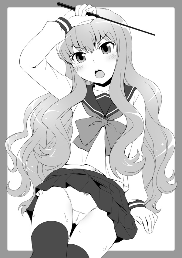 ha-ru, louise francoise le blanc de la valliere, zero no tsukaima, bad id, bad pixiv id, 00s, greyscale, long hair, monochrome, school uniform, serafuku, skirt, solo, thighhighs, wand
