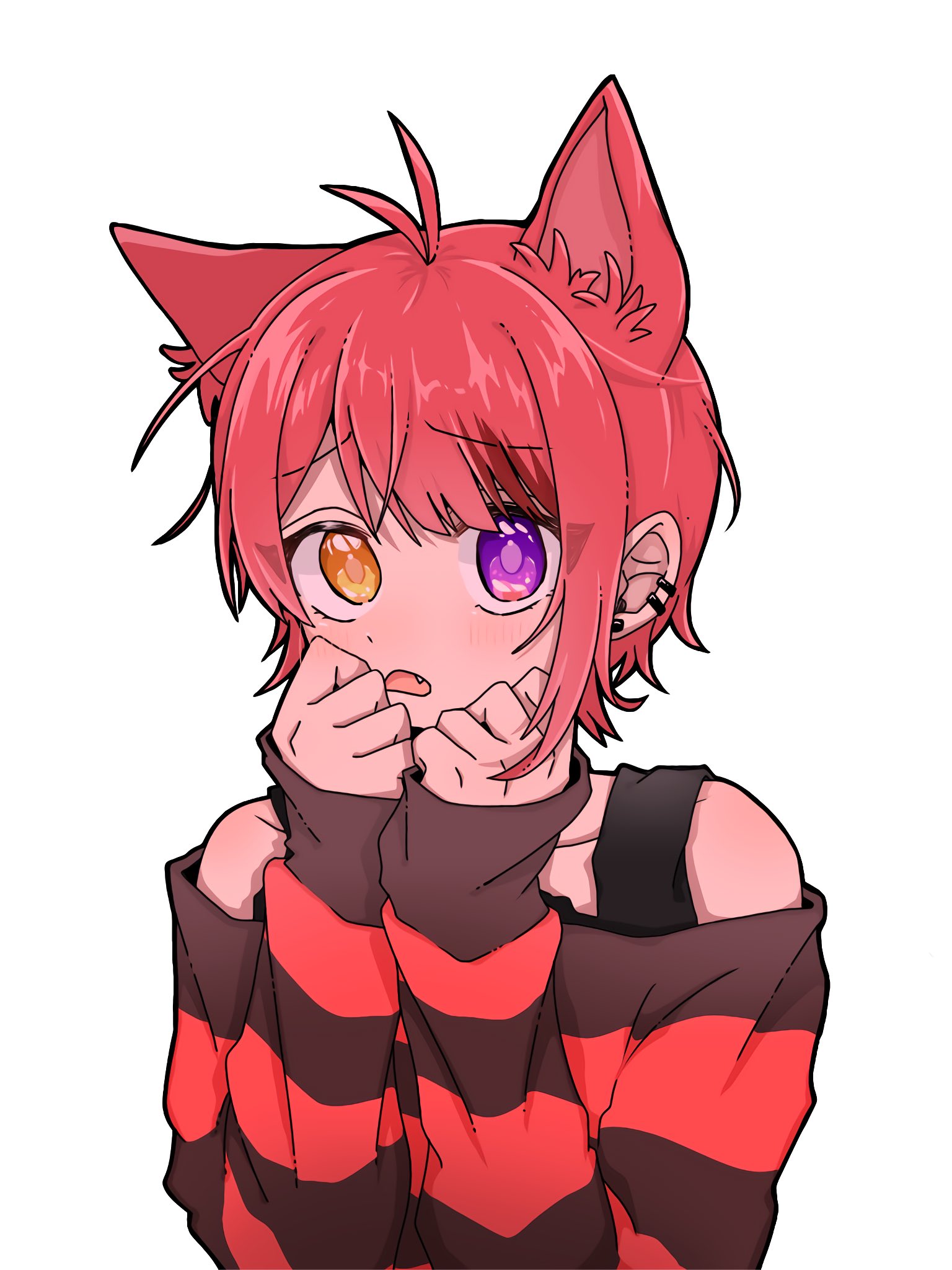 rinu (stpri), strawberry prince, highres, 1boy, animal ears, antenna hair, clenched hands, ear piercing, frown, hair between eyes, heterochromia, long sleeves, looking at viewer, male focus, mashu 0528, off-shoulder shirt, off shoulder, open mouth, piercing, red hair, shirt, short hair, simple background, solo, striped clothes, striped shirt, upper body, white background