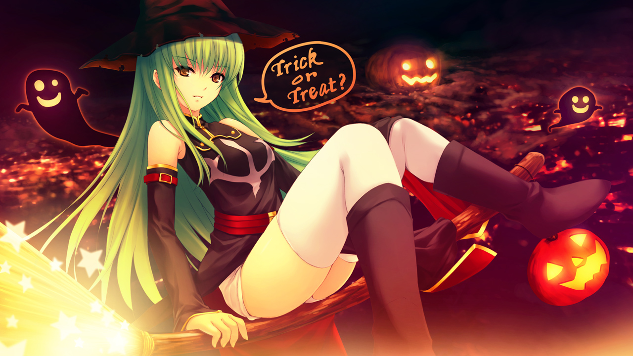 coffee-kizoku, c.c., code geass, 00s, 1girl, arched back, broom, broom riding, detached sleeves, female focus, green hair, halloween, hat, jack-o'-lantern, long hair, pumpkin, sitting, solo, star (symbol), thighhighs, trick or treat, white thighhighs, witch hat