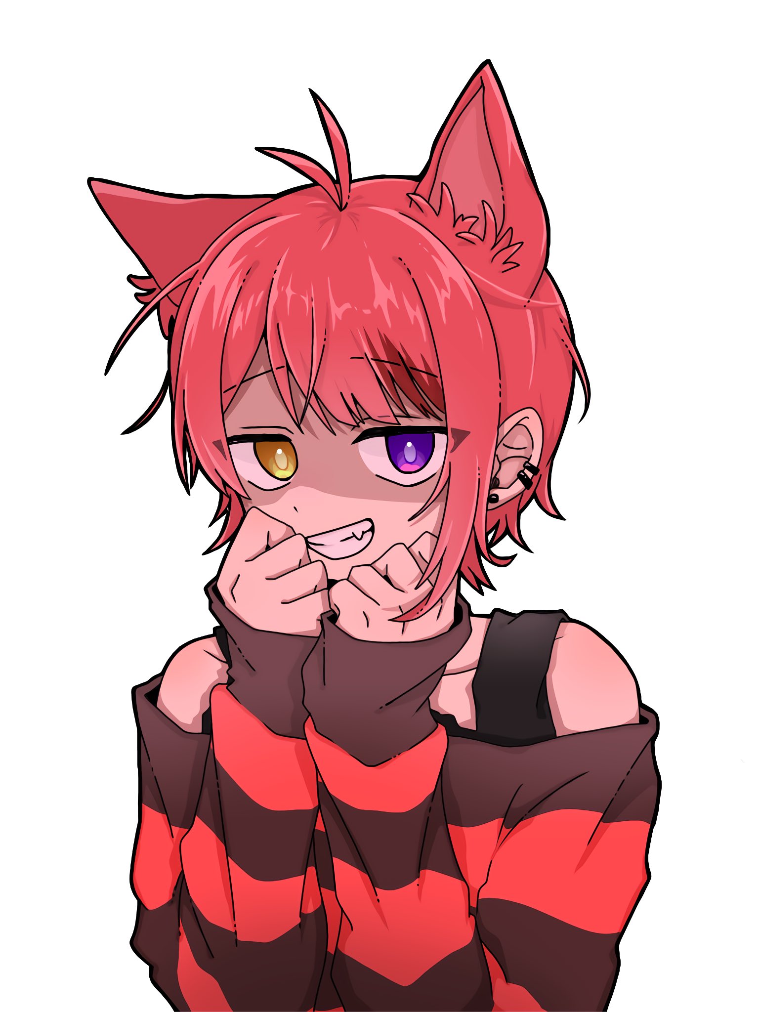 rinu (stpri), strawberry prince, highres, 1boy, animal ears, antenna hair, clenched hands, ear piercing, hair between eyes, heterochromia, long sleeves, looking at viewer, male focus, mashu 0528, off-shoulder shirt, off shoulder, piercing, red hair, shaded face, shirt, short hair, simple background, sleeves past wrists, smile, solo, striped clothes, striped shirt, upper body, white background