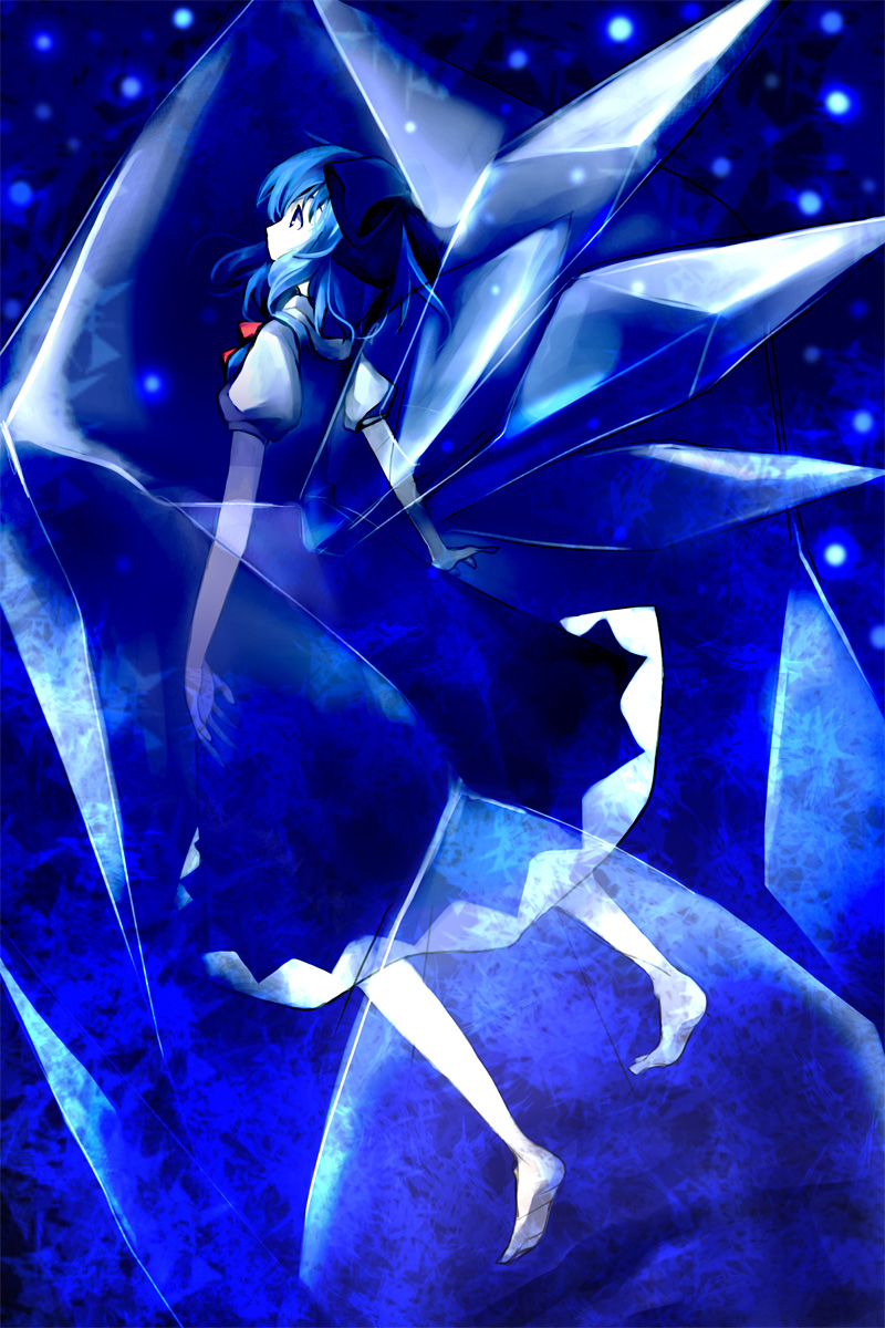 ringpearl, ringu paaru, cirno, embodiment of scarlet devil, touhou, bad id, bad pixiv id, highres, 1girl, blue hair, crystal, dress, female focus, full body, ice, ribbon, short hair, solo, wings