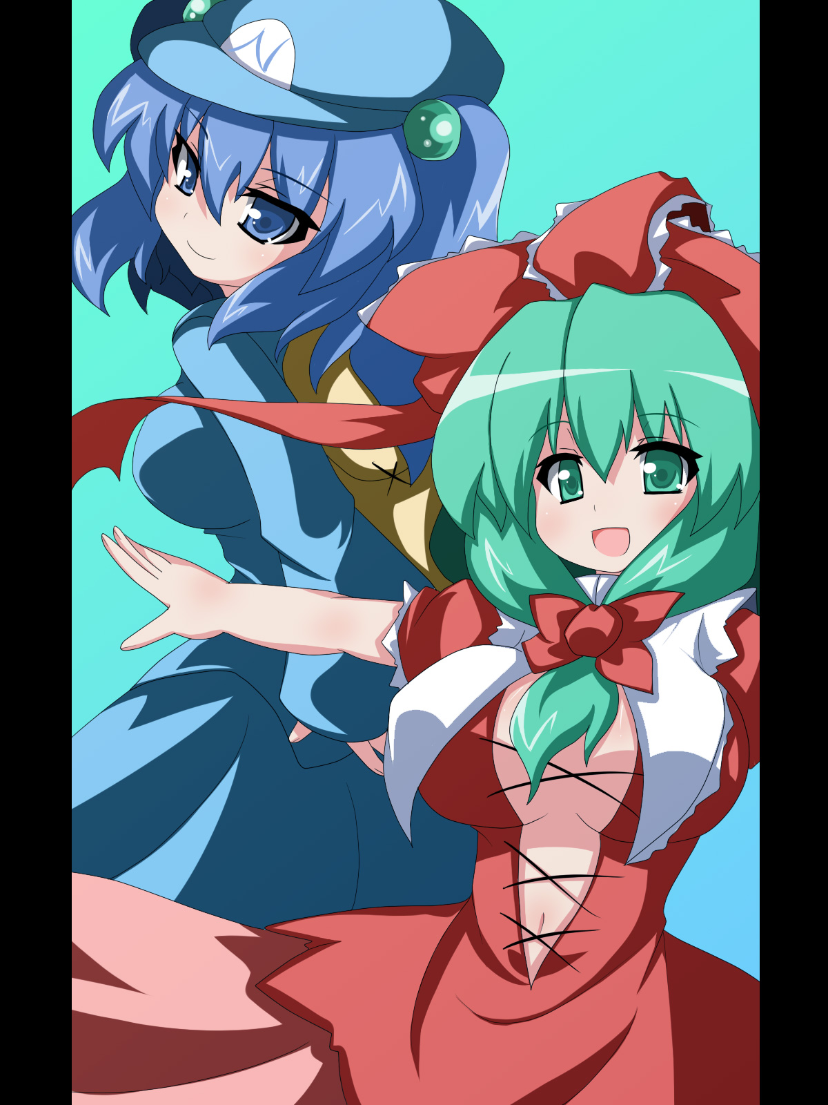 oborotsuki kakeru, kagiyama hina, kawashiro nitori, touhou, highres, 2girls, blue hair, breasts, female focus, front ponytail, green hair, hat, large breasts, long hair, medium breasts, multiple girls, ribbon, short hair, two side up