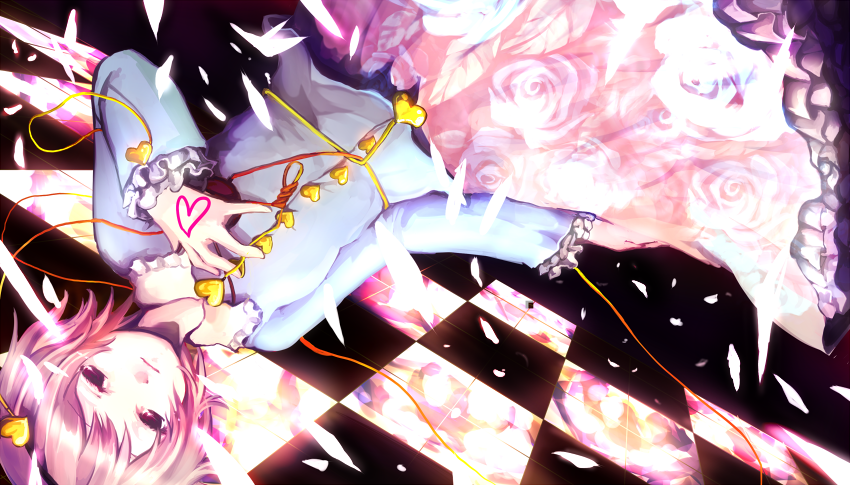 hanada hyou, komeiji satori, touhou, 1girl, black hairband, buttons, checkered floor, dutch angle, female focus, floral print, frilled shirt collar, frilled skirt, frilled sleeves, frills, glowing, hair ornament, hairband, hand on own chest, heart, heart hair ornament, long sleeves, looking at viewer, petals, pink eyes, pink hair, pink skirt, rose petals, short hair, skirt, solo, string, upside-down