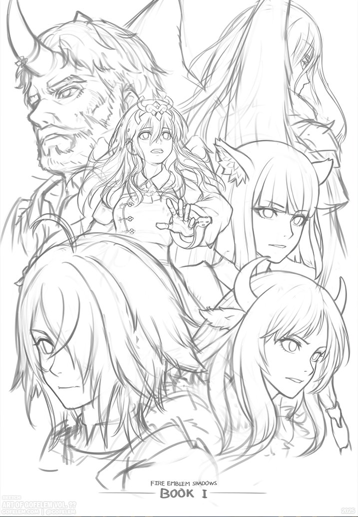 gofelem, kurt (fire emblem), fire emblem, fire emblem shadows, nintendo, commentary, 2boys, 4girls, ahoge, alberta (fire emblem), animal ears, beard, bob cut, carina (fire emblem), copyright name, cow ears, cow horns, facial hair, full beard, gotthold (fire emblem), hair over one eye, horns, lineart, long hair, monochrome, multiple boys, multiple girls, rose (fire emblem), short hair, single horn, sketch, wings, zasha (fire emblem)