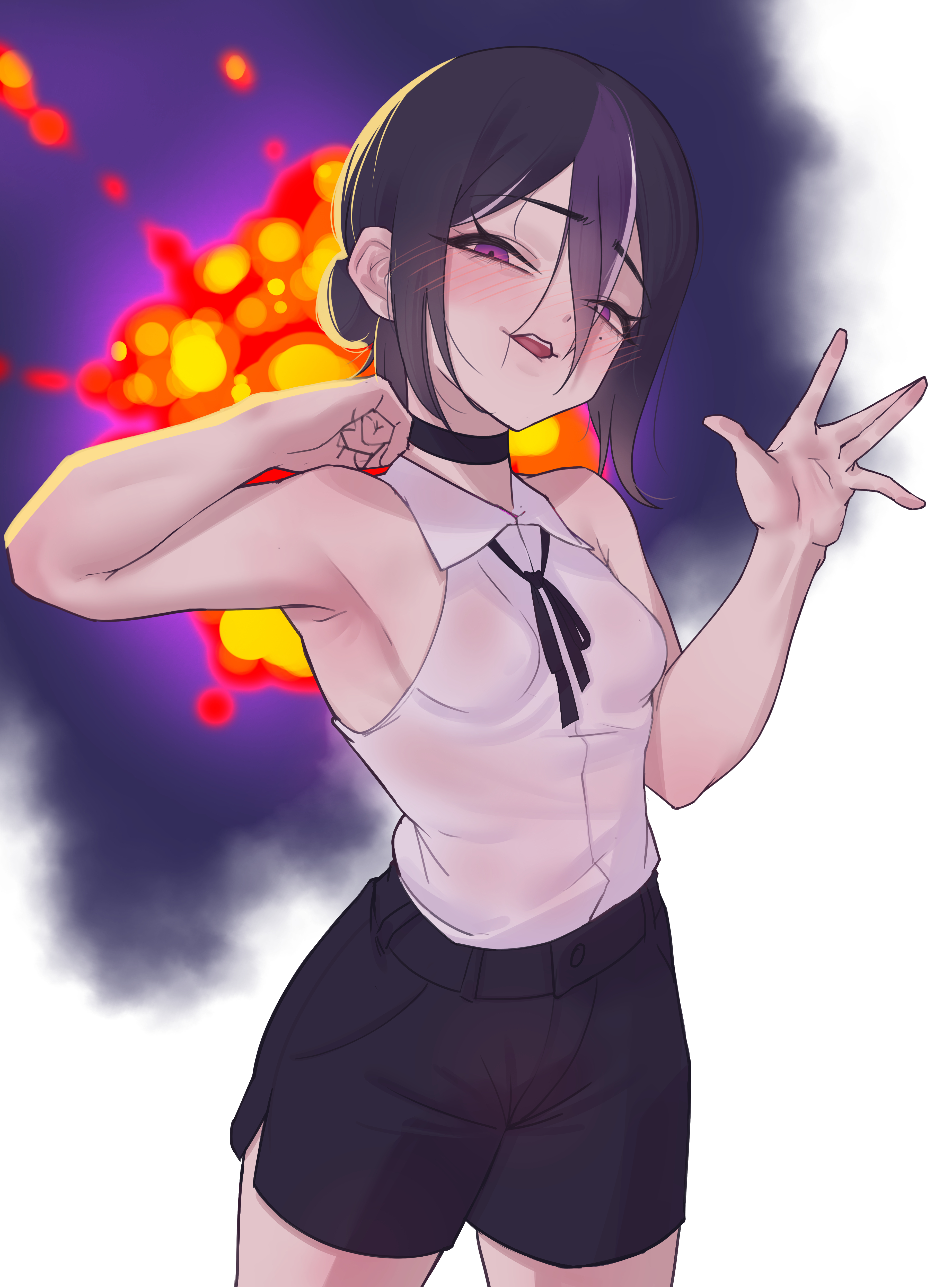 cchiii, reze (chainsaw man), syuen (nikke), chainsaw man, goddess of victory: nikke, absurdres, highres, 1girl, black hair, black ribbon, black shorts, blush, breasts, collared shirt, cosplay, explosion, explosion background, hand up, looking at viewer, mole, mole under eye, multicolored hair, neck ribbon, open mouth, purple eyes, purple hair, reze (chainsaw man) (cosplay), ribbon, shirt, shirt tucked in, shorts, sleeveless, sleeveless shirt, small breasts, solo, white shirt, white streaks