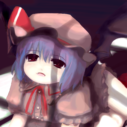 tsubasa (abchipika), remilia scarlet, touhou, lowres, 1girl, :o, collar, dress, female focus, hat, indoors, looking up, mob cap, parted lips, pink dress, puffy short sleeves, puffy sleeves, purple hair, red ribbon, ribbon, shade, short hair, short sleeves, solo, sunlight