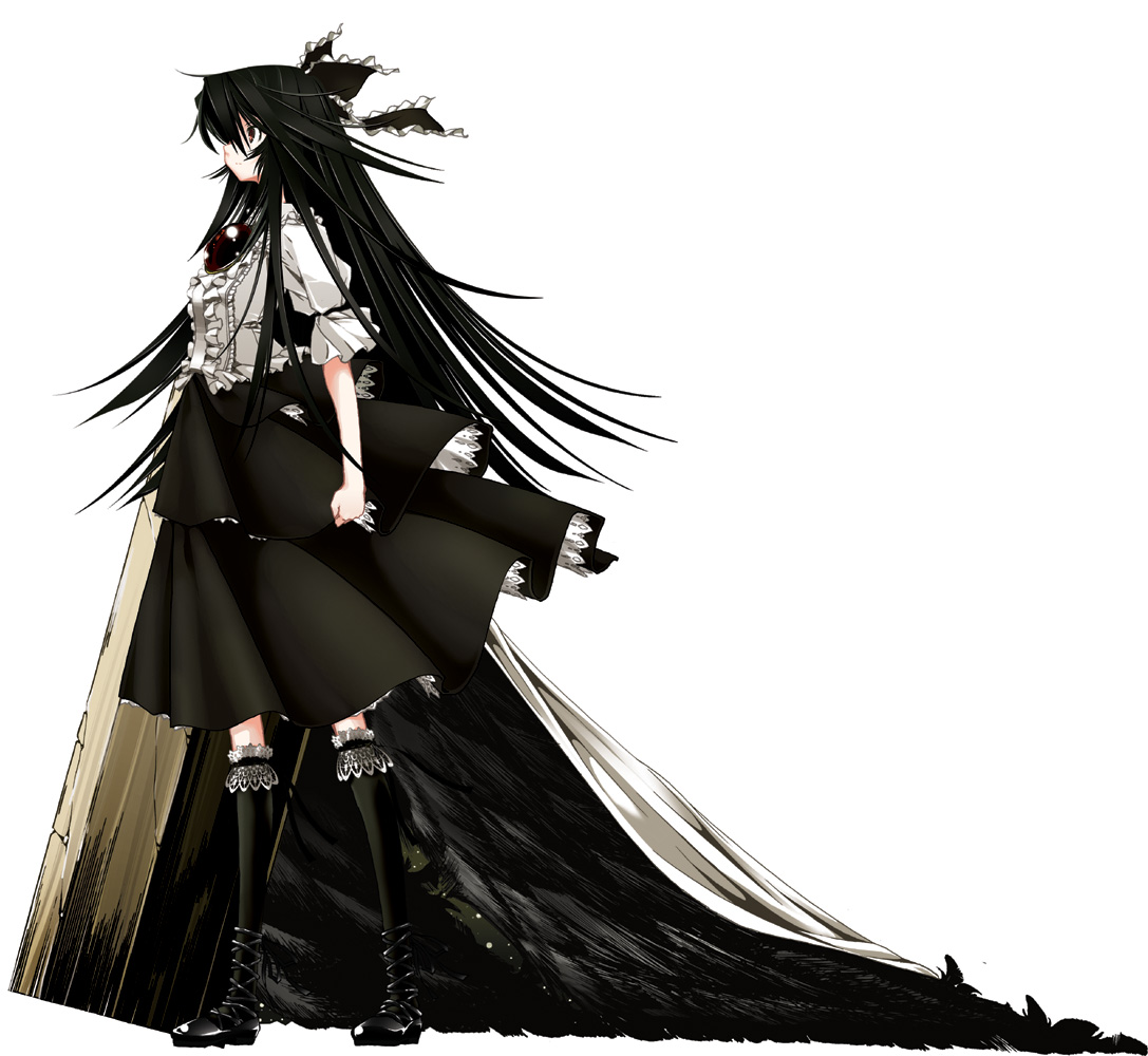 nonohara nyorai, shachiku, reiuji utsuho, touhou, 1girl, arm cannon, black hair, feathers, female focus, long hair, ribbon, simple background, solo, weapon, white background