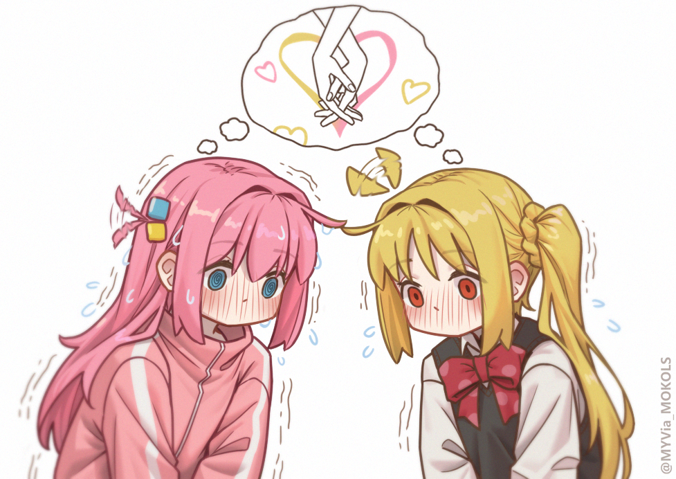 myvia mokols, gotoh hitori, ijichi nijika, bocchi the rock!, commentary, 2girls, @ @, ahoge, ahoge wag, blonde hair, blue eyes, blush, bow, bowtie, cube hair ornament, expressive hair, flying sweatdrops, full-face blush, gibberish commentary, hair between eyes, hair intakes, hair ornament, heart, holding hands, imagining, interlocked fingers, jacket, long hair, motion lines, multiple girls, one side up, pink hair, pink jacket, polka dot, polka dot bow, red bow, red bowtie, red eyes, shared thought bubble, side ponytail, sidelocks, simple background, speech bubble, thought bubble, track jacket, trembling, twitter username, upper body, very long hair, white background, yuri