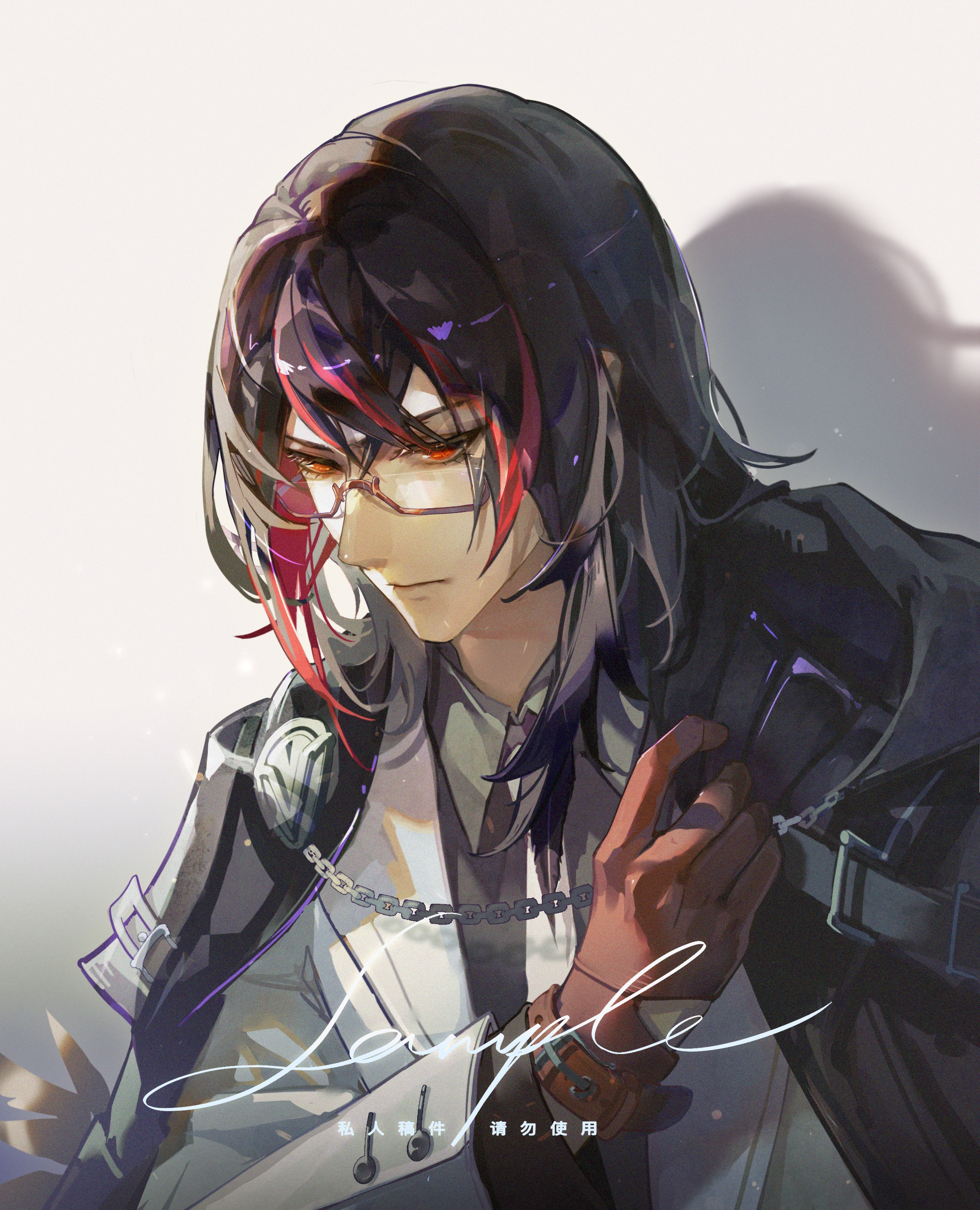 huan zi bu cheng, gnosis (arknights), arknights, absurdres, chinese commentary, commentary request, highres, 1boy, black cape, black hair, brown gloves, buttoned cuffs, buttons, cape, chain, closed mouth, glasses, gloves, hair between eyes, half-closed eyes, jacket, long sleeves, male focus, medium hair, multicolored hair, red eyes, red hair, sample watermark, semi-rimless eyewear, shadow, solo, streaked hair, under-rim eyewear, upper body, watermark, white jacket