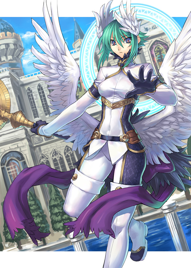 ran'ou (tamago no kimi), ruriel, shinrabanshou, 1girl, angel wings, blue eyes, boots, female focus, green hair, head wings, low wings, outside border, short hair, solo, staff, thigh boots, thighhighs, wings