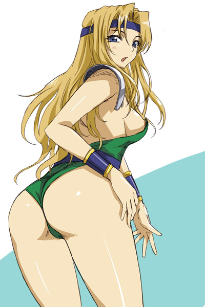 michael f91, celes chere, final fantasy, final fantasy vi, 1990s (style), 1girl, ass, blonde hair, blue eyes, blush, bracelet, breasts, female focus, headband, jewelry, large breasts, leotard, long hair, nipple slip, nipples, retro artstyle, sideboob, simple background, solo