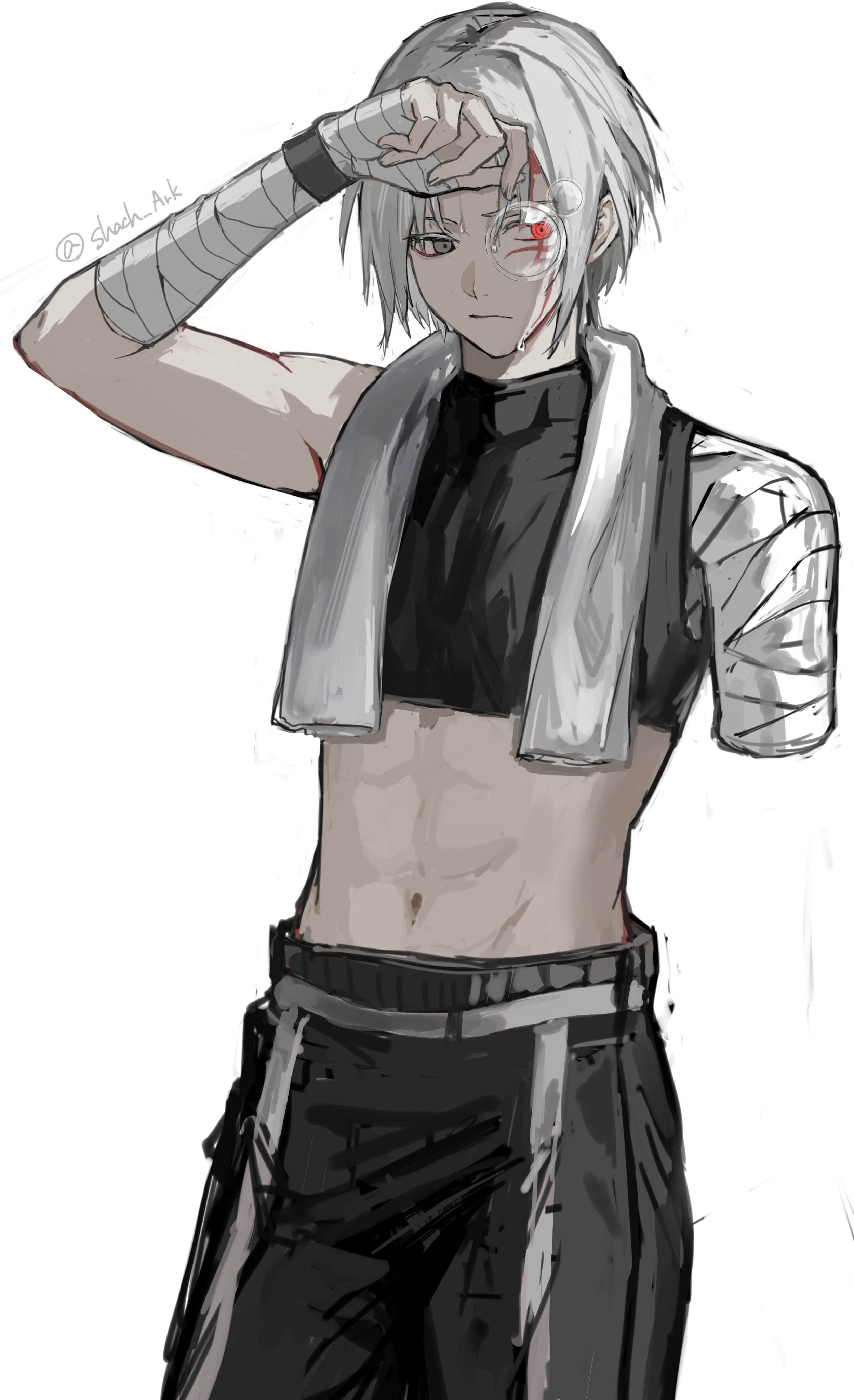 shachi ark, allen walker, d.gray-man, absurdres, highres, 1boy, abs, amputee, bandaged arm, bandages, black pants, black shirt, black wrist cuffs, crop top, cropped shirt, facial mark, forehead mark, frown, grey eyes, hand on own forehead, heterochromia, looking to the side, male focus, midriff, monocle, navel, pants, parted bangs, red eyes, scar, scar across eye, scar on face, shirt, short hair, sidelocks, signature, simple background, single bare shoulder, single wrist cuff, sleeveless, sleeveless shirt, solo, striped clothes, striped pants, sweat, sweatdrop, towel, towel around neck, twitter username, vertical-striped clothes, vertical-striped pants, white background, white hair, wrist cuffs