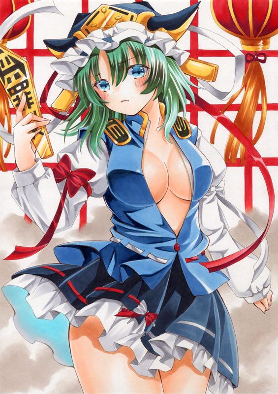 suzune koto (avuu3784), shiki eiki, touhou, commentary request, marker (medium), traditional media, 1girl, alternate breast size (larger), asymmetrical hair, black hat, black skirt, blue eyes, blush, bow, breasts, cleavage, closed mouth, cowboy shot, frilled hat, frilled skirt, frills, frown, green hair, hat, holding, lantern, large breasts, long sleeves, looking at viewer, medium hair, open clothes, open shirt, paper lantern, red bow, ribbon-trimmed skirt, ribbon trim, rod of remorse, shirt, skirt, sleeve bow, solo, white bow, white shirt