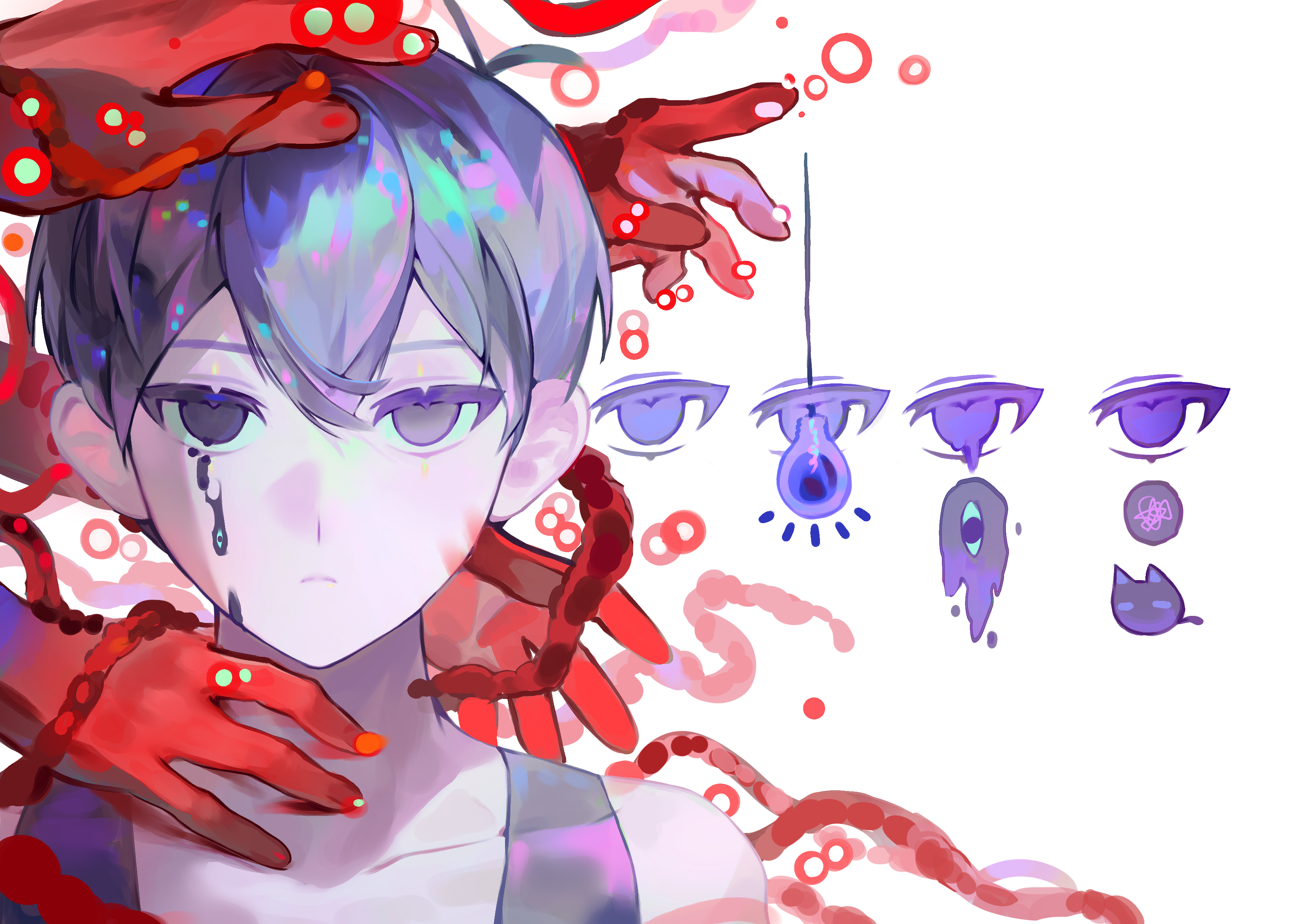 czorimu, mewo, omori (omori), something (omori), omori, absurdres, highres, 1boy, antenna hair, bare shoulders, black blood, black eyes, black hair, black tank top, blood, bloody tears, closed mouth, double-parted bangs, extra arms, frown, hair behind ear, hair between eyes, light bulb, male focus, no pupils, portrait, purple eyes, short hair, simple background, solo, tank top, tsurime, white background