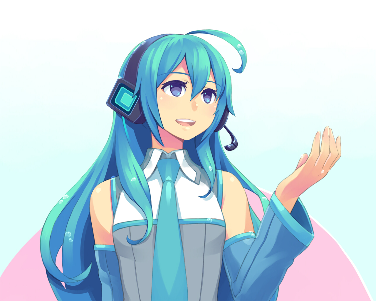 chan co, hatsune miku, vocaloid, ahoge, blue eyes, blue hair, detached sleeves, headphones, long hair, necktie, solo