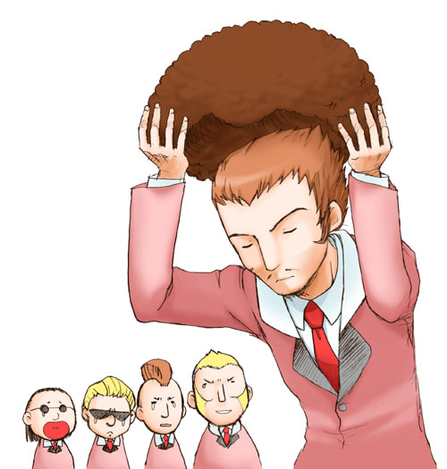 batch, duster (mother), magic (mother), oj, shimmy zmizz, mother (series), mother 3, nintendo, 5boys, afro, blonde hair, brown hair, facial hair, formal clothes, male focus, multiple boys, mustache, suit, sunglasses, wig