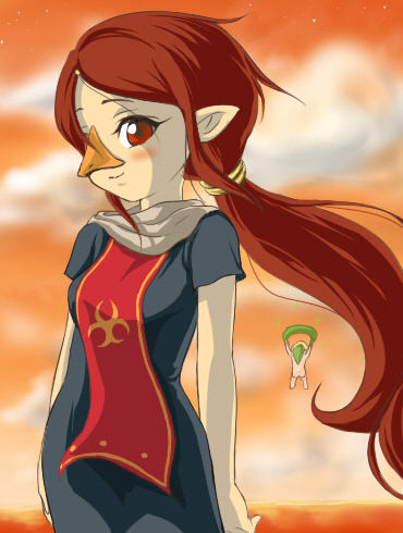 suegorou (mousou tokkyuu), link, medli, toon link, nintendo, the legend of zelda, the legend of zelda: the wind waker, lowres, 1boy, 1girl, beak, brown hair, long hair, monster girl, nude, photobomb, pointy ears, ponytail, red eyes, rito, smile