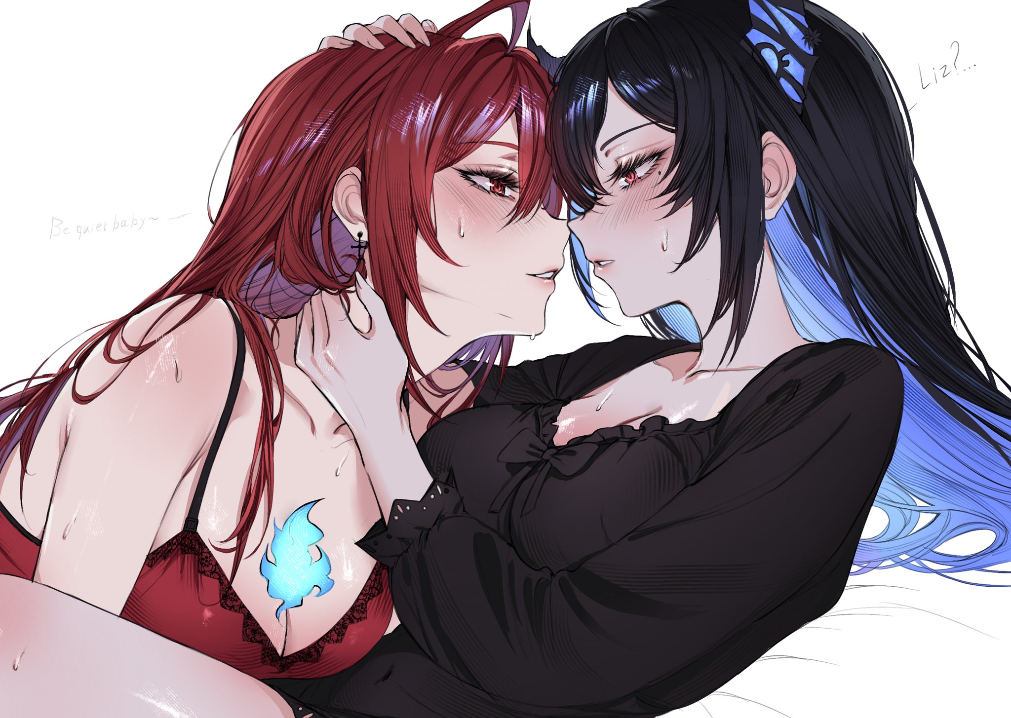 nyanyaqwi, elizabeth rose bloodflame, nerissa ravencroft, hololive, hololive english, check clothing, clothing request, commentary, hashtag-only commentary, highres, symbol-only commentary, 2girls, babydoll, black hair, black nightgown, blue fire, blue hair, blush, breasts, camisole, cleavage, collarbone, colored inner hair, demon horns, earrings, english text, eye contact, fire, hand on another's head, horns, imminent kiss, jewelry, lace trim, large breasts, long hair, looking at another, mole, mole under eye, multicolored hair, multiple girls, nightgown, parted lips, red camisole, red eyes, red hair, sweat, teeth, virtual youtuber, yuri