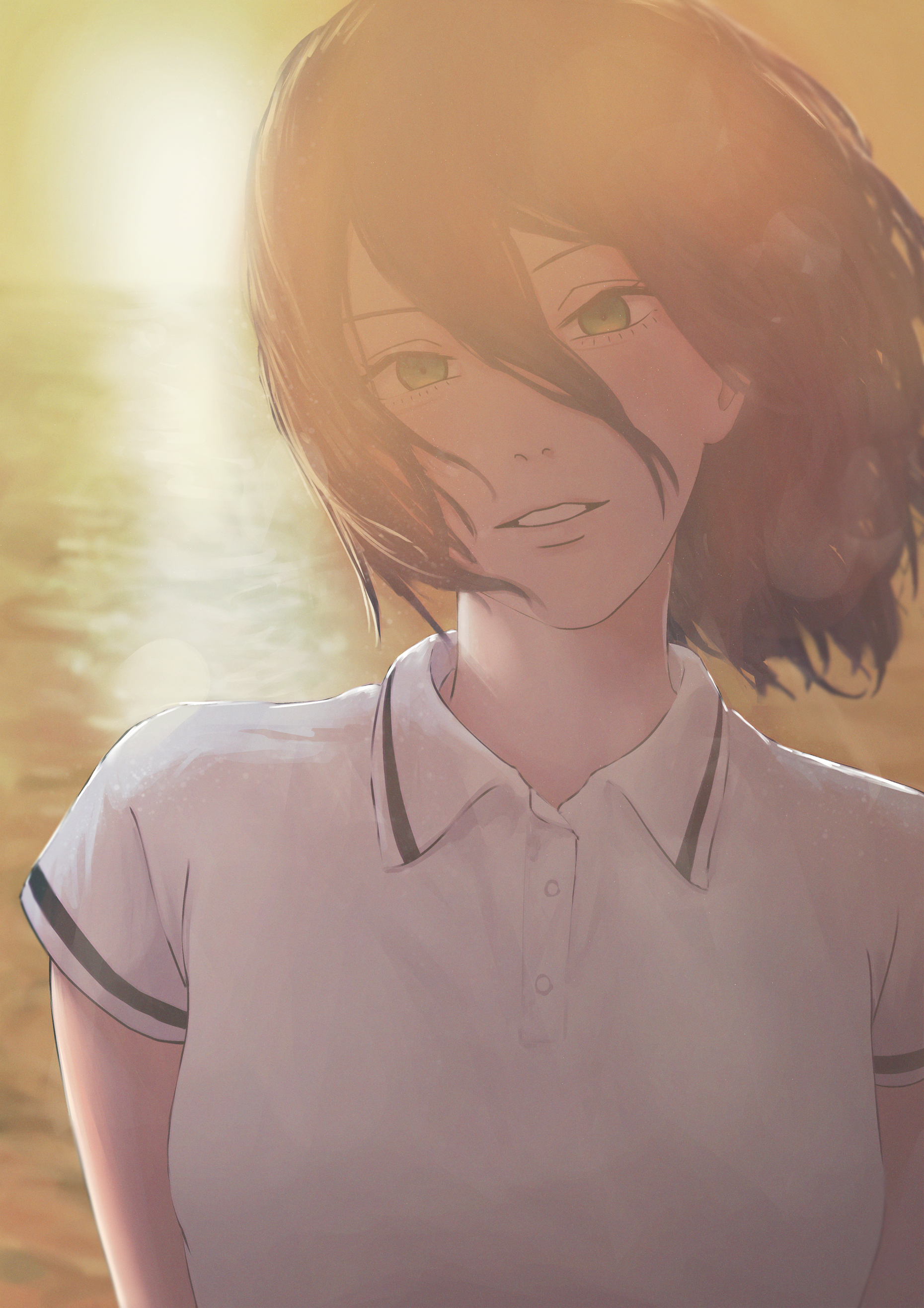 reze (chainsaw man), chainsaw man, absurdres, highres, 1girl, aanryus, black hair, green eyes, hair between eyes, looking at viewer, medium hair, ocean, outdoors, parted lips, polo shirt, shirt, solo, sun, sunset, white shirt