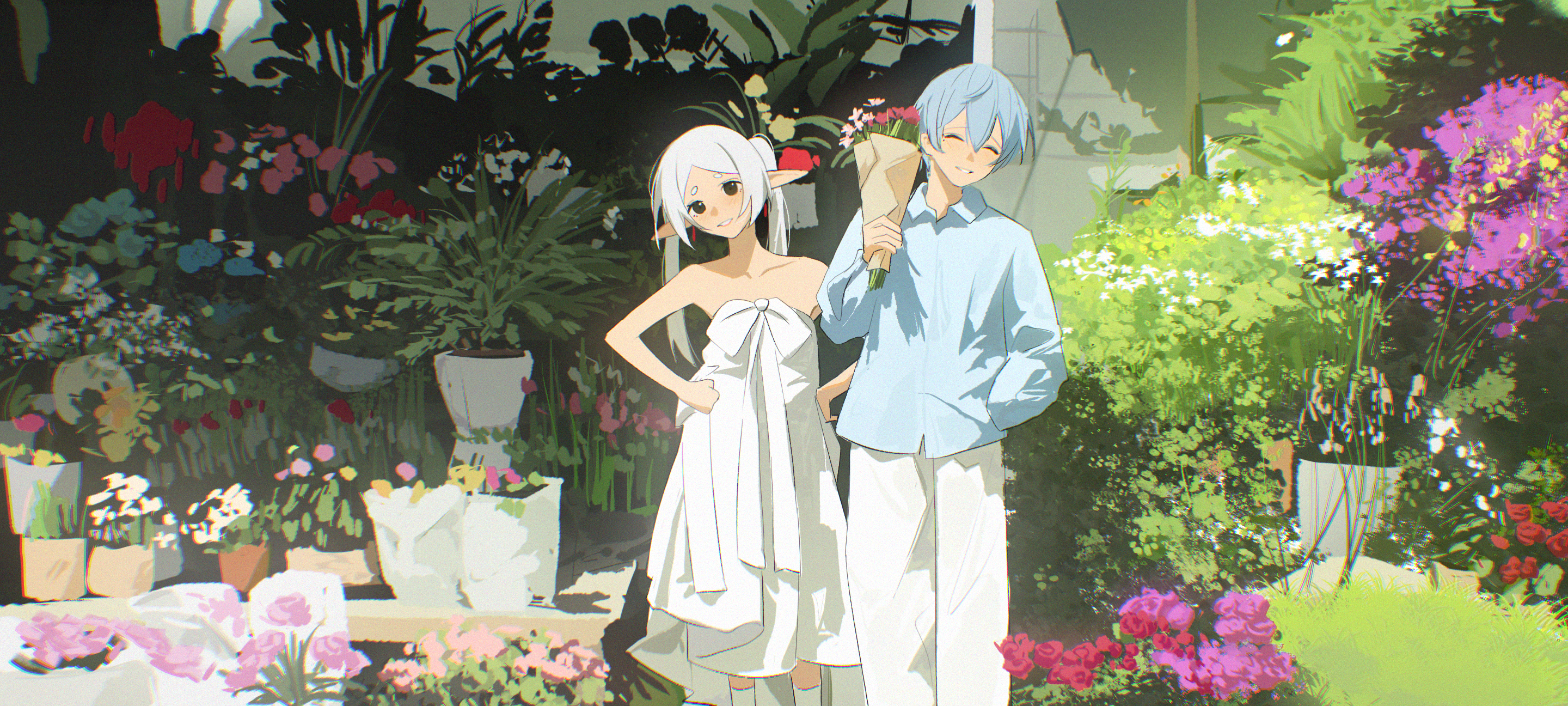 takoyoomi, frieren, himmel (sousou no frieren), sousou no frieren, highres, 1boy, 1girl, bare shoulders, blue flower, blue hair, blue shirt, bouquet, closed eyes, collarbone, day, dress, elf, flower, garden, grass, hands on own hips, holding, holding bouquet, long hair, long sleeves, outdoors, pants, parted lips, pink flower, pointy ears, purple flower, red flower, shirt, short hair, smile, strapless, strapless dress, twintails, white dress, white flower, white hair, white pants