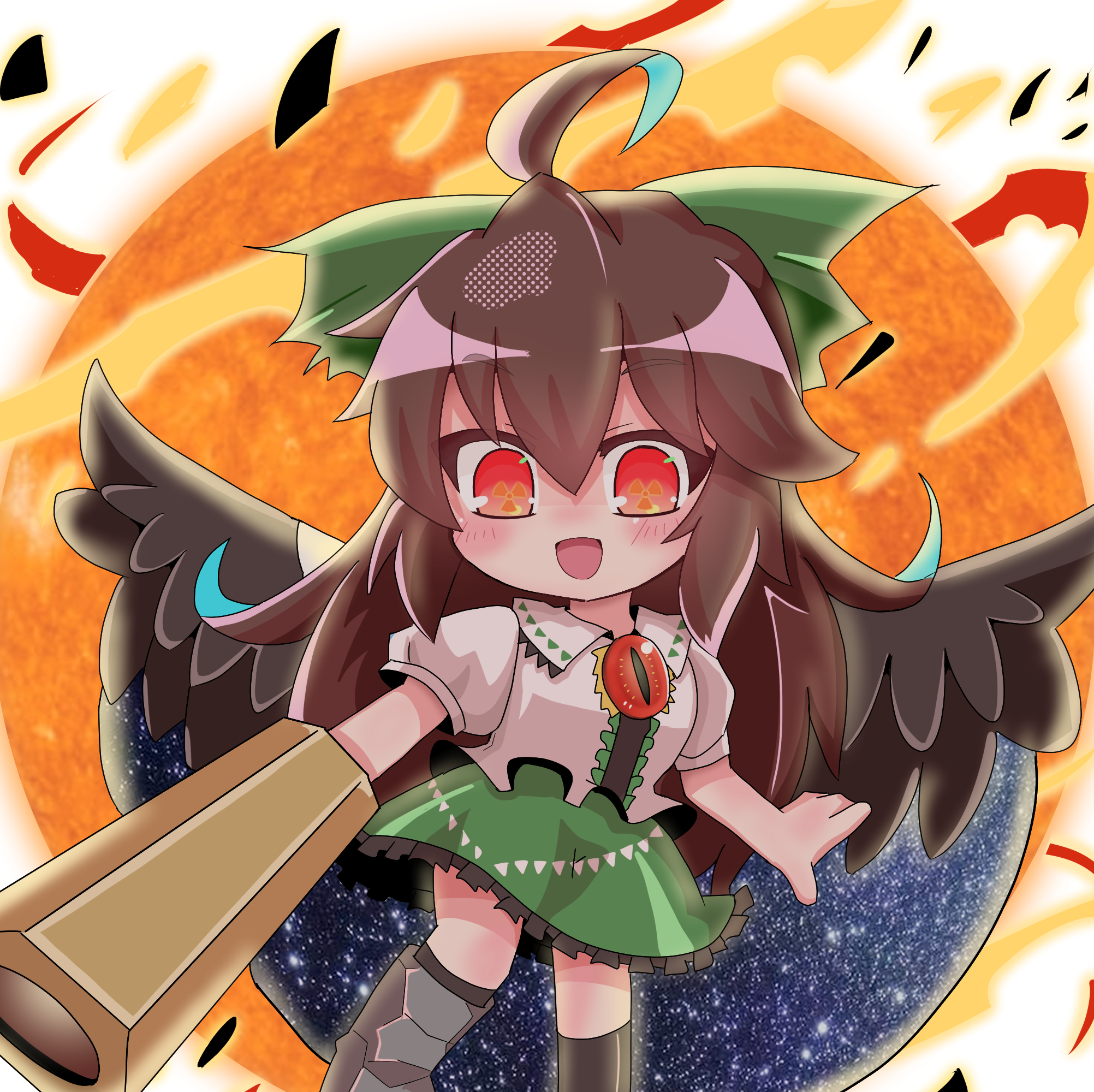 seputok0904, reiuji utsuho, touhou, commentary request, highres, 1girl, :d, ahoge, arm cannon, black thighhighs, black wings, blush, bow, brown hair, chibi, collared shirt, control rod (touhou), feathered wings, feet out of frame, frilled shirt, frilled skirt, frills, green bow, green skirt, hair bow, long hair, open mouth, orange eyes, radiation symbol-shaped pupils, shirt, skirt, smile, solo, sun, symbol-shaped pupils, thighhighs, third eye, weapon, white background, white shirt, wings