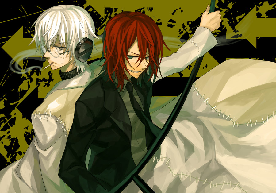 osamu (jagabata), franken stein (soul eater), spirit albarn, soul eater, bad id, bad pixiv id, 00s, 2boys, cigarette, glasses, male focus, multiple boys, smoking