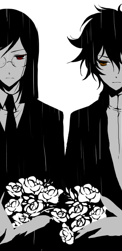 osamu (jagabata), setsuna f. seiei, tieria erde, gundam, gundam 00, bad id, bad pixiv id, 00s, 2boys, brown eyes, flower, formal clothes, glasses, greyscale, monochrome, multiple boys, necktie, rain, red eyes, spot color