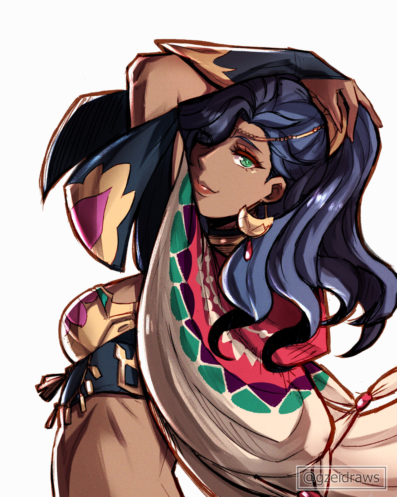 gzei, leda (fire emblem), fire emblem, fire emblem: fortune's weave, nintendo, commentary, highres, 1girl, blue hair, circlet, closed mouth, dancer, dark-skinned female, dark skin, earrings, green eyes, hair over one eye, jewelry, lips, long hair, looking at viewer, midriff, one eye covered, pink lips, ponytail, simple background, smile, solo, twitter username, white background
