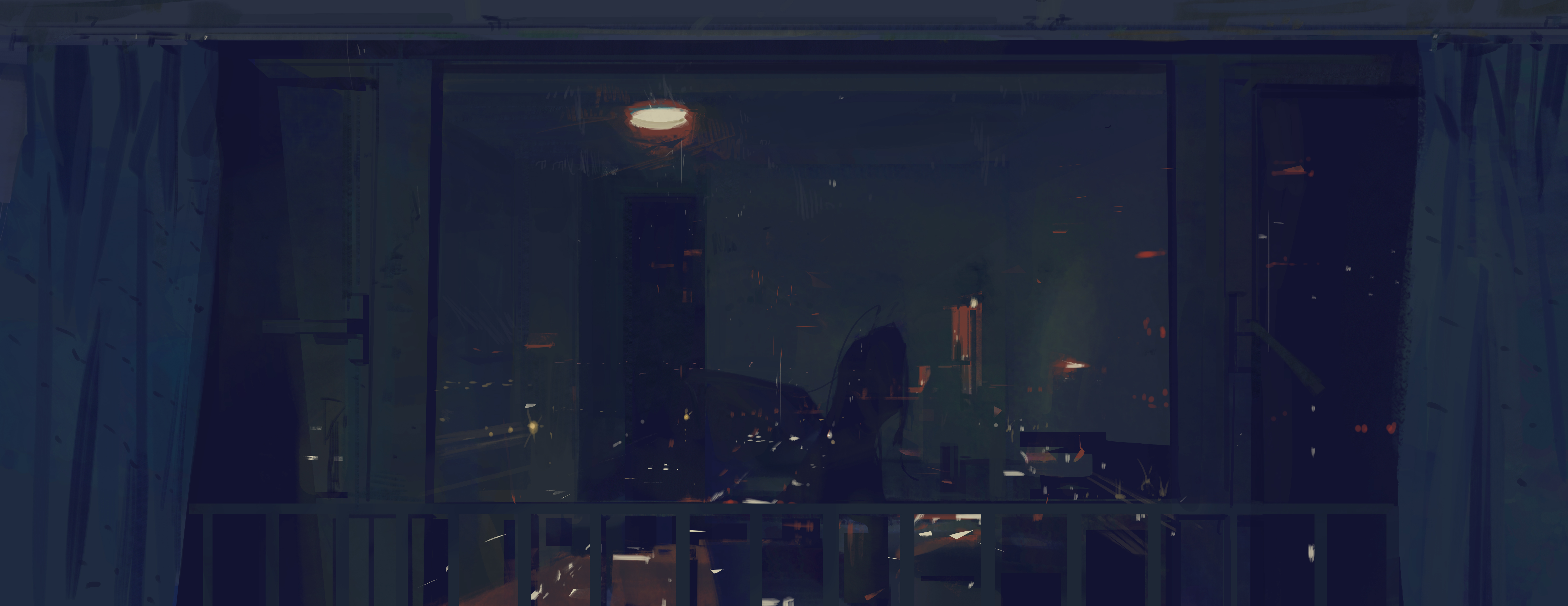 yingfeng862, original, absurdres, commentary, english commentary, highres, 1girl, curtains, glass, indoors, long hair, night, reflection, solo, window