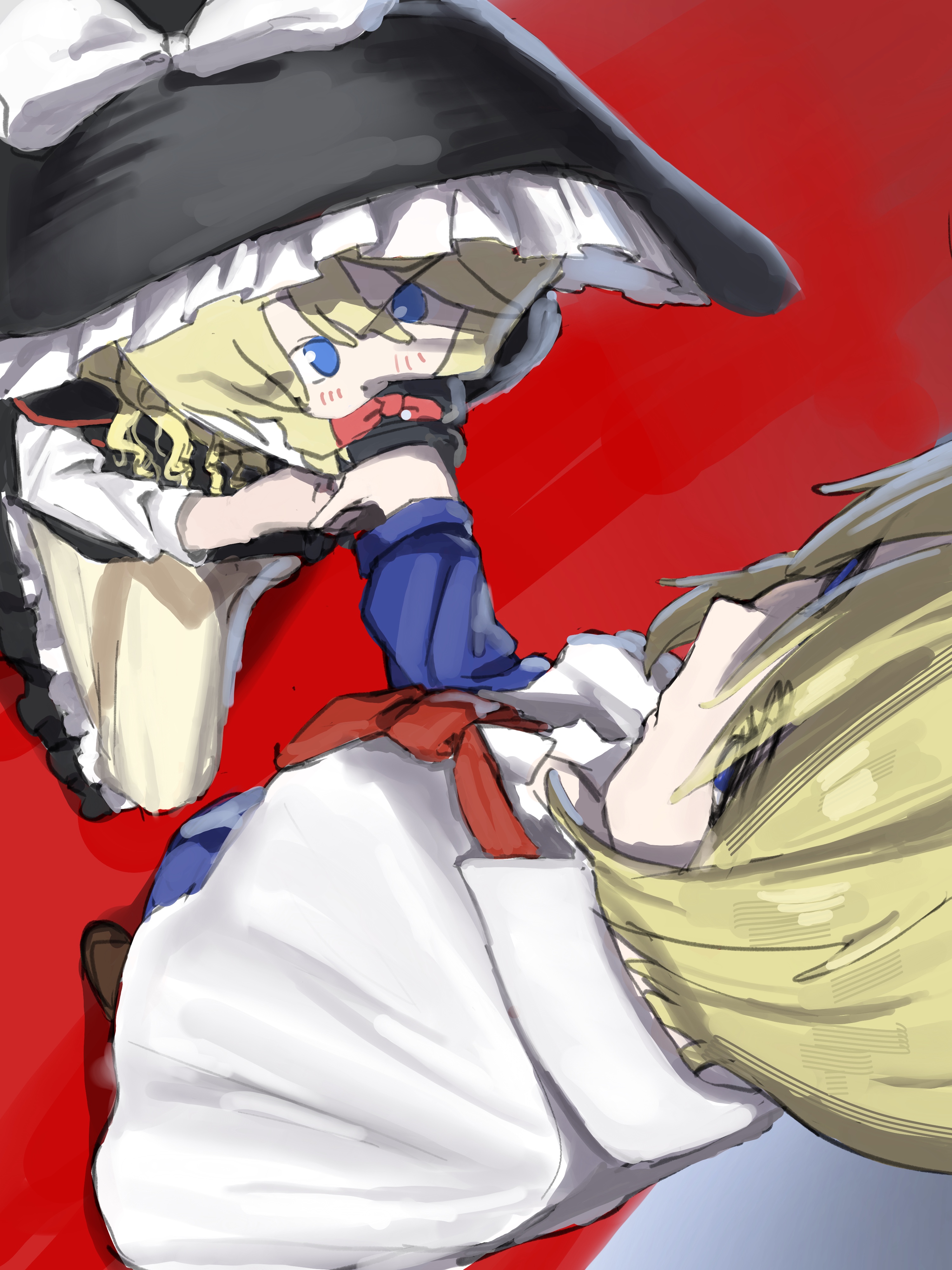 suzuki kenichi, alice margatroid, hazuna rio, kirisame marisa, taisa (cookie), cookie (touhou), touhou, absurdres, commentary request, highres, 1boy, 1girl, black hat, blonde hair, blue eyes, capelet, frilled hat, frills, from above, full body, hat, kiss, kissing hand, necktie, red background, red necktie, short hair, simple background, white capelet, witch hat