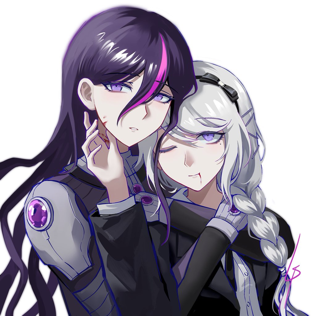 eva (hundred line), kirifuji nozomi, the hundred line -last defense academy-, commentary request, 2girls, black bodysuit, black hair, black hairband, black jacket, blood, blood from mouth, blood from neck, bodysuit, braid, grey hair, hair between eyes, hairband, height difference, hug, hug from behind, jacket, long sleeves, looking at another, looking at viewer, mole, mole under eye, multicolored hair, multiple girls, one eye closed, purple eyes, purple hair, shimizutous, shirt, simple background, streaked hair, two-tone hair, white background, white shirt