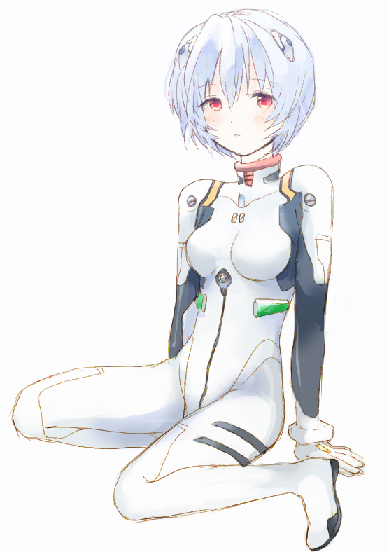 yoshioka mitsuko, ayanami rei, neon genesis evangelion, 1girl, arm support, blue hair, blush, bodysuit, bracer, female focus, from side, full body, gloves, hair between eyes, headgear, looking at viewer, mecha pilot suit, parted lips, plugsuit (evangelion), red eyes, short hair, simple background, sitting, sketch, solo, turtleneck, white background
