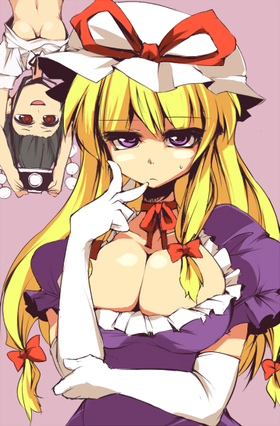 ario, shameimaru aya, yakumo yukari, touhou, 2girls, blonde hair, breasts, cleavage, elbow gloves, female focus, gloves, hat, huge breasts, multiple girls, paparazzi, purple eyes, sunnysaidup, underboob, upside-down, white gloves