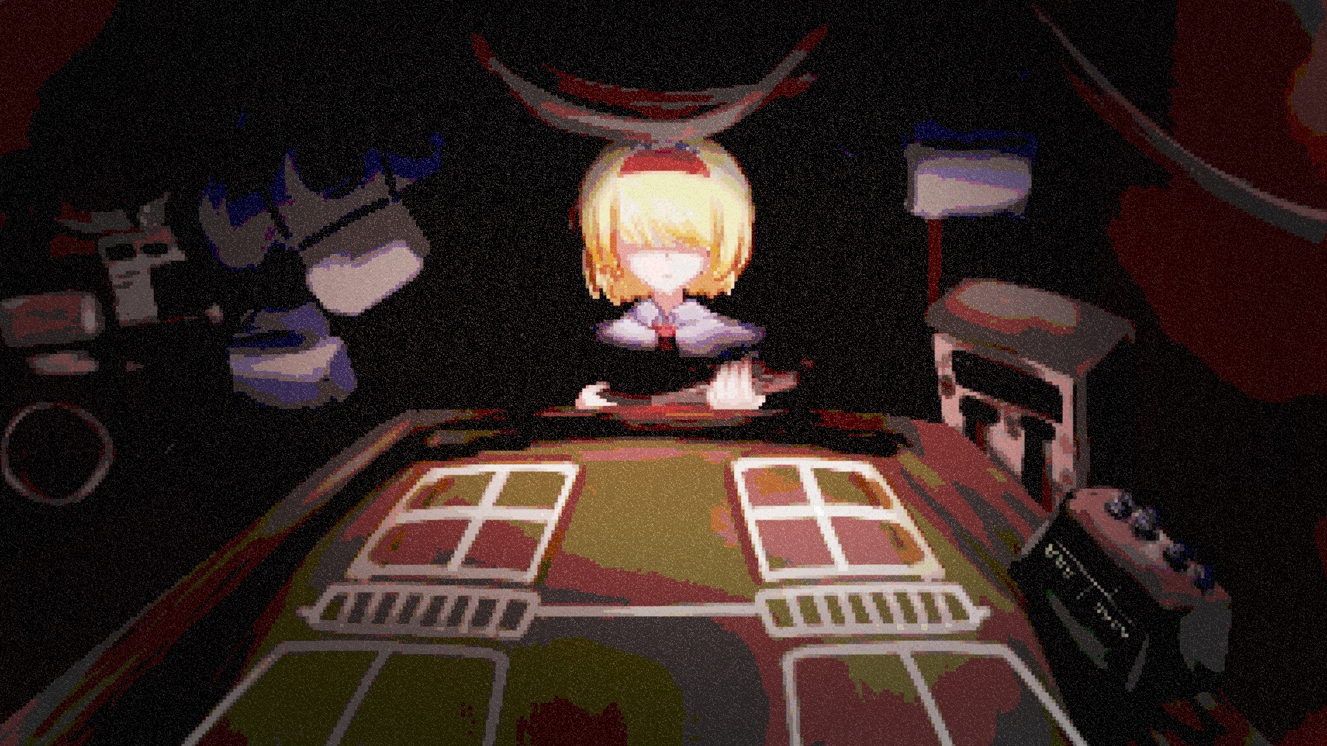 alice margatroid, jigen (cookie), buckshot roulette, cookie (touhou), touhou, commentary request, highres, 1girl, black background, blonde hair, gun, hair over eyes, hairband, harusame kirisa, holding, holding gun, holding weapon, indoors, long bangs, red hairband, short hair, solo, table, upper body, weapon