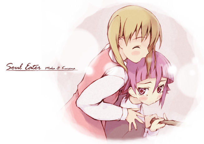 kantoku, crona (soul eater), maka albarn, soul eater, hand on shoulder, gender request, 00s, androgynous, black dress, blonde hair, blouse, blush, blush stickers, closed eyes, dress, high collar, long hair, open mouth, pink eyes, purple hair, red dress, shirt, short hair, tears, twintails