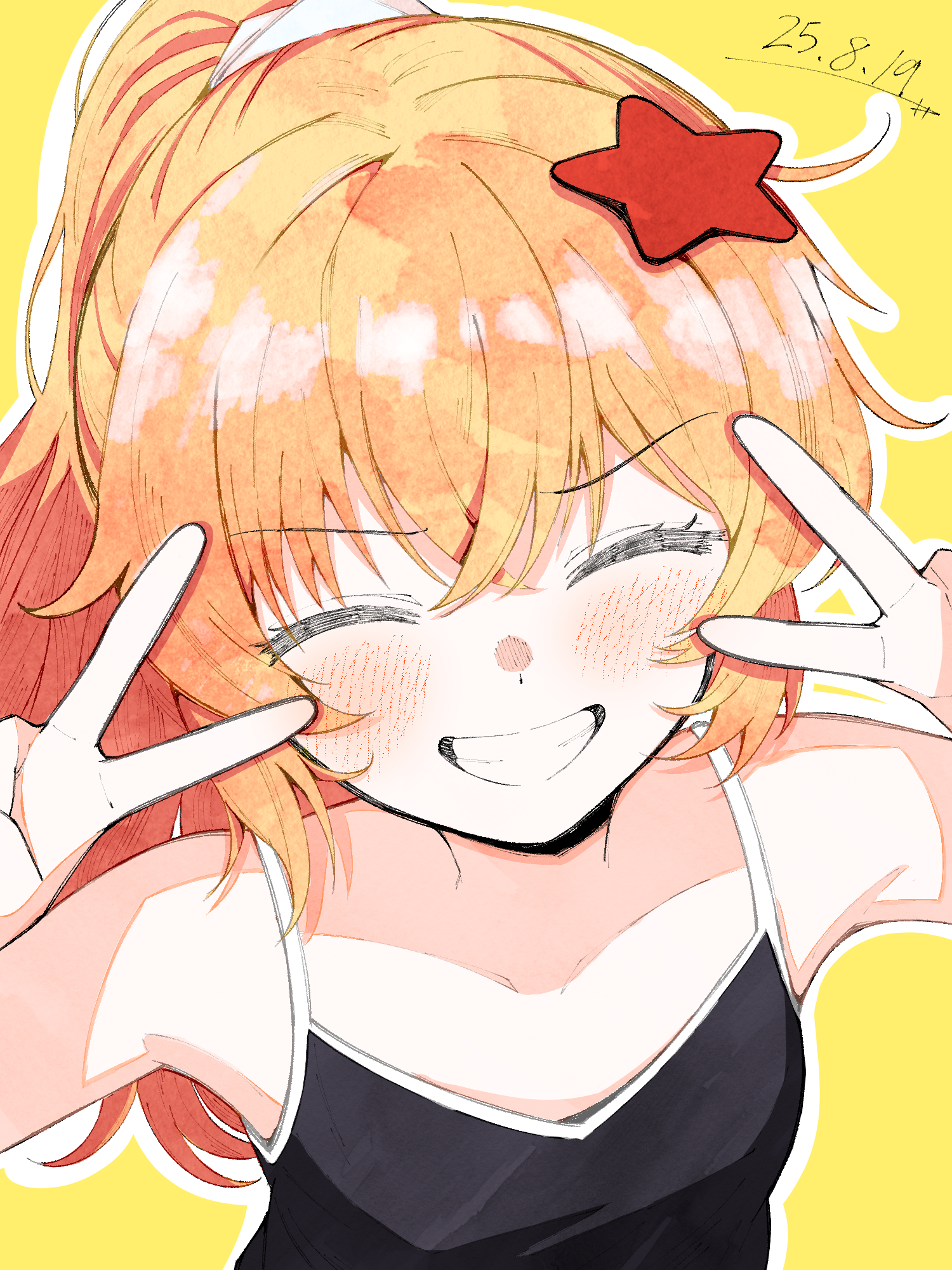 sihat 13, azusa (cookie), kirisame marisa, cookie (touhou), touhou, commentary request, highres, 1girl, black camisole, blush, camisole, closed eyes, dated, double v, flat chest, grin, hair ornament, high ponytail, long hair, orange background, ponytail, red star, simple background, smile, solo, star (symbol), star hair ornament, upper body, v, yellow background