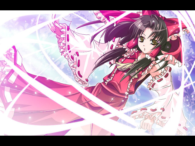 itou chiriko, hakurei reimu, touhou, bad id, bad pixiv id, 1girl, female focus, gradient background, japanese clothes, letterboxed, miko, ribbon, solo, white background