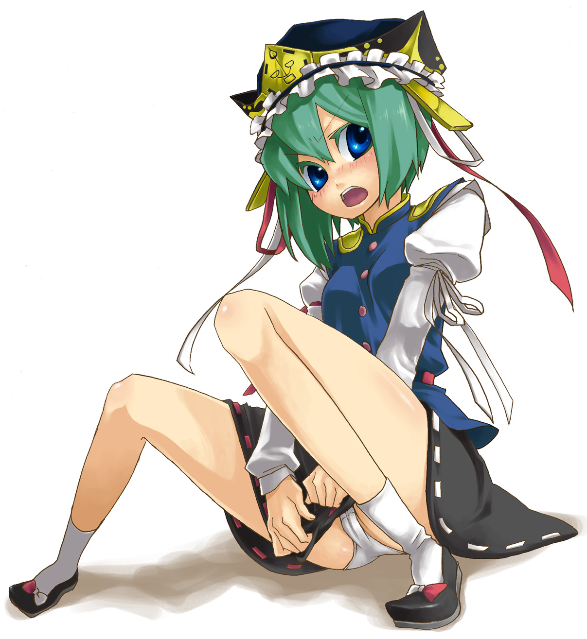 miyuu (crazy lollipop), miyuzu, shiki eiki, touhou, bad id, bad pixiv id, highres, 1girl, female focus, green hair, hat, panties, pantyshot, ribbon, short hair, solo, underwear, white panties