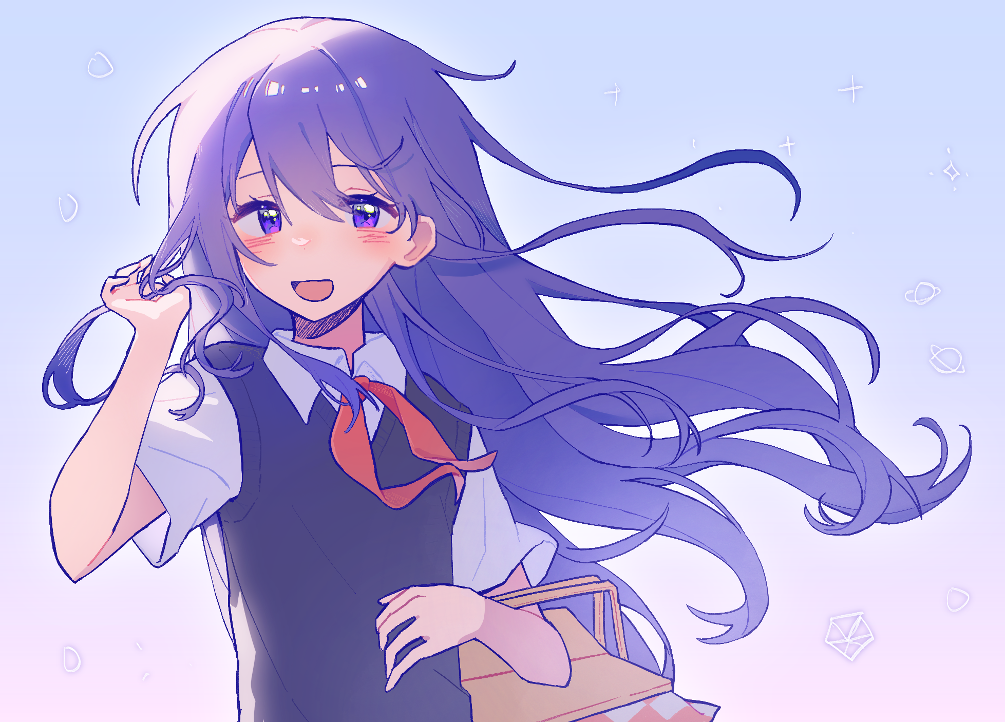 hrsw mz, mari (headspace) (omori), mari (omori), omori, highres, 1girl, :d, basket, black sweater vest, blush, collared shirt, elbow carry, hair behind ear, holding, holding basket, long hair, looking at viewer, neckerchief, open mouth, picnic basket, purple eyes, purple hair, red neckerchief, shirt, short sleeves, smile, solo, sweater vest, upper body, white shirt, wind