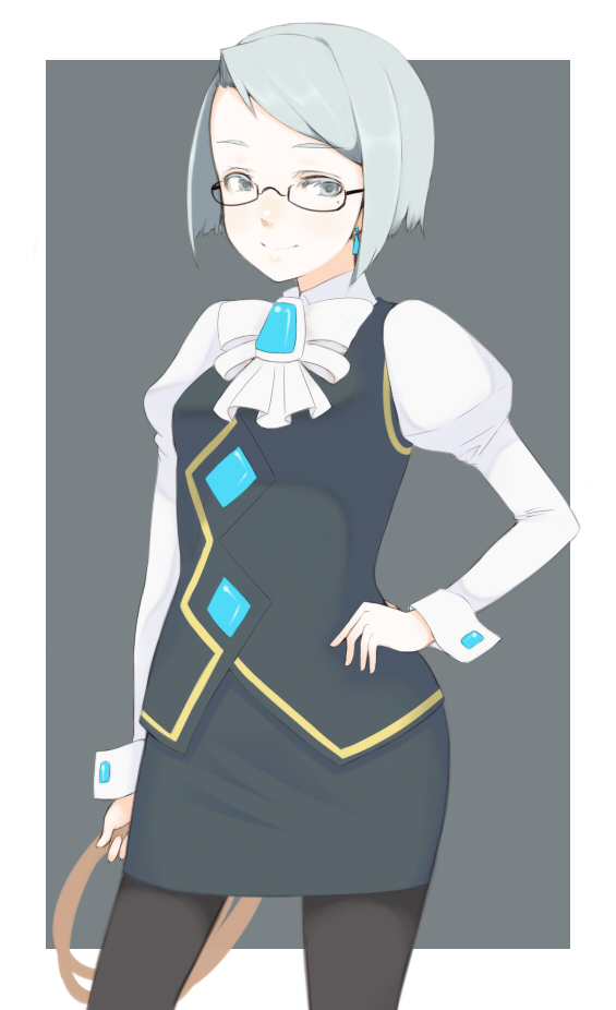 oza watto, franziska von karma, ace attorney, capcom, silver hair, 1girl, bespectacled, earrings, female focus, formal clothes, glasses, grey eyes, jewelry, mole, mole under eye, pantyhose, pencil skirt, short hair, simple background, skirt, smile, solo, suit, whip