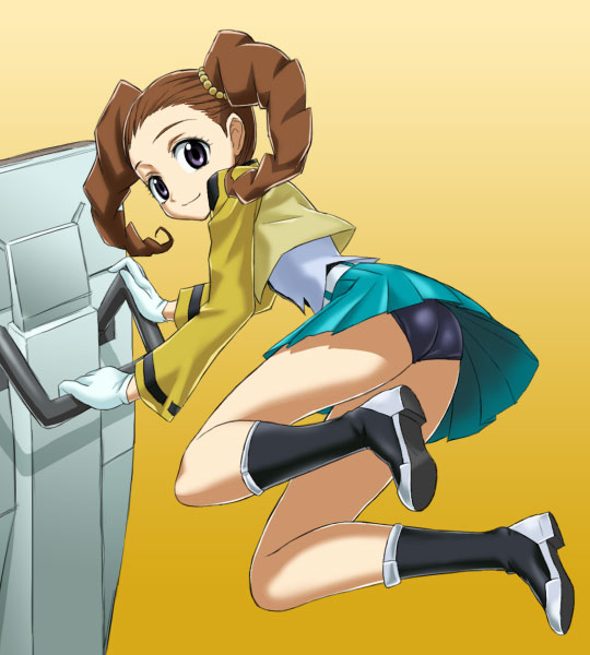 hajime (caramel toone), mileina vashti, gundam, gundam 00, 00s, ass, black panties, boots, brown hair, floating, gloves, grey eyes, jacket, panties, pantyshot, skirt, smile, solo, twintails, underwear, upskirt
