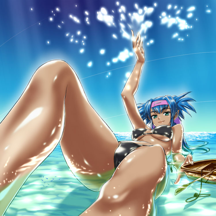 hajime (caramel toone), klan klein, meltrandi, zentradi, macross, macross frontier, 00s, 1girl, bikini, black bikini, blue hair, boat, breasts, cameltoe, covered erect nipples, dark-skinned female, dark skin, day, female focus, giant, giantess, green eyes, headband, long hair, lying, medium breasts, ocean, on back, outdoors, pointy ears, short twintails, sky, smile, solo, splashing, swimsuit, twintails, underboob, wading, water, watercraft