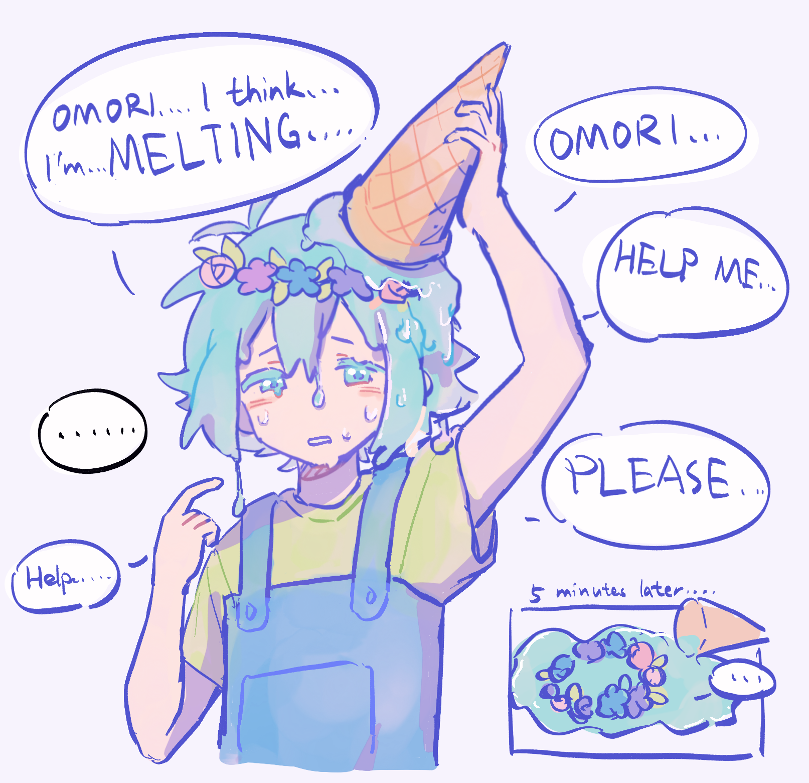 hrsw mz, basil (headspace) (omori), basil (omori), omori, highres, …, 1boy, antenna hair, arm up, blue overalls, blush, english text, flower, flower wreath, food, green eyes, green hair, green shirt, head wreath, holding, holding food, holding ice cream, ice cream, looking at viewer, male focus, overalls, parted lips, shirt, short hair, short sleeves, solo, speech bubble, spoken ellipsis